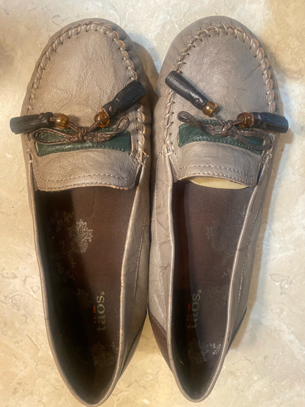 Marc Fisher Taupe Leather Tassel Loafers with Dark Green Accent